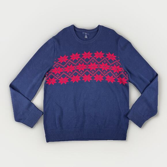 Gap Holiday Snowflake Sweater Mens L Navy Tapestry Red Fair Isle Cotton Nordic - Picture 1 of 11